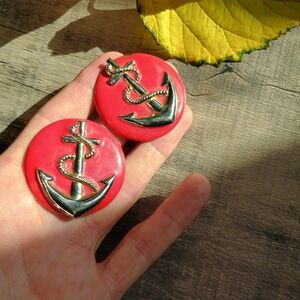 VTG Rare huge red enamel and silver tone anchor stud earrings, nautical style